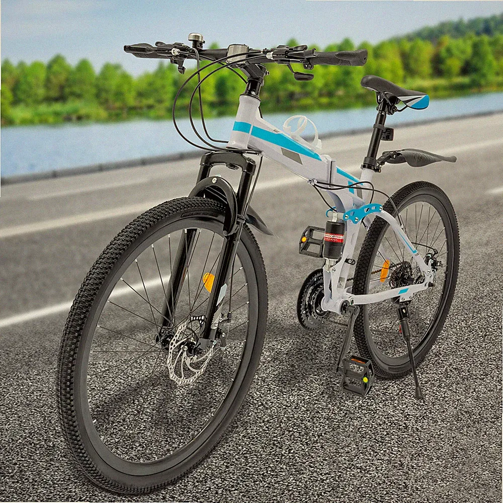 26" Folding Mountain Bike 21 Speed Bicycle MTB Bike Full Suspension & Disc Brake