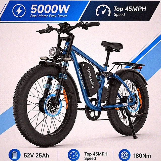 5000W Dual Motor Electric Bike 26" FatTire AWD 52V 25Ah Off Road Full Suspension